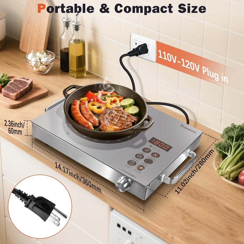 Traenvir Single Burner Electric Cooktop, Protable Electric Stove with Handle, Countertop Ceramic Stove top for Camping, Home, RVs, Child Lock, Timer, Steam, BBQ, Stir Fry,110V - 120V Plug in, Grey - Image 4